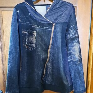 Anac Blue Washed Denim-Effect Asymmetrical Zip Jacket EUC